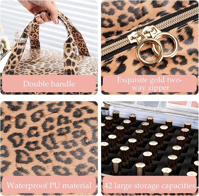 Uross Nail Polish Organizer Bag Holds 42 Bottles Nail Polish & Nail Lamp, Gel Nail Polish Organizers and Storage box for Nail Tech, Nail Kit Supplies Organizer Case - Leopard - Image 3