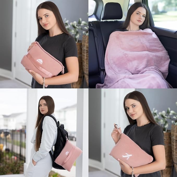 BlueHills Premium Soft Plush Mini Travel Blanket Pillow Car Dusty Rose Pink | Compact Airplane Blanket, Portable Pillowcase, Long Flights, 2 in 1 Plane Essentials, Luggage Strap & Carabiner, Lightweight - Image 3