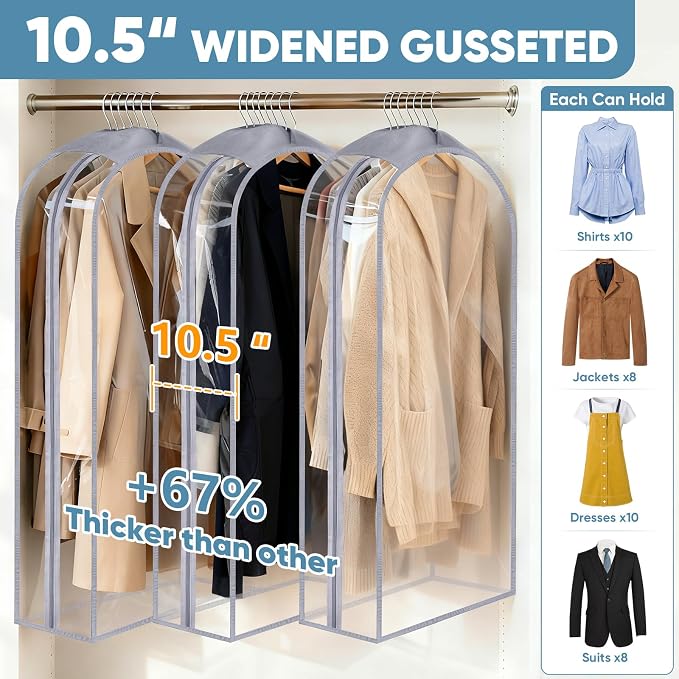 BALEINE 60'' Clear Garment Bags, 10.5'' Wide PEVA Suit Bag for Closet Clothes Dresses Suit Coats Storage (Clear, 6PK) - Image 3