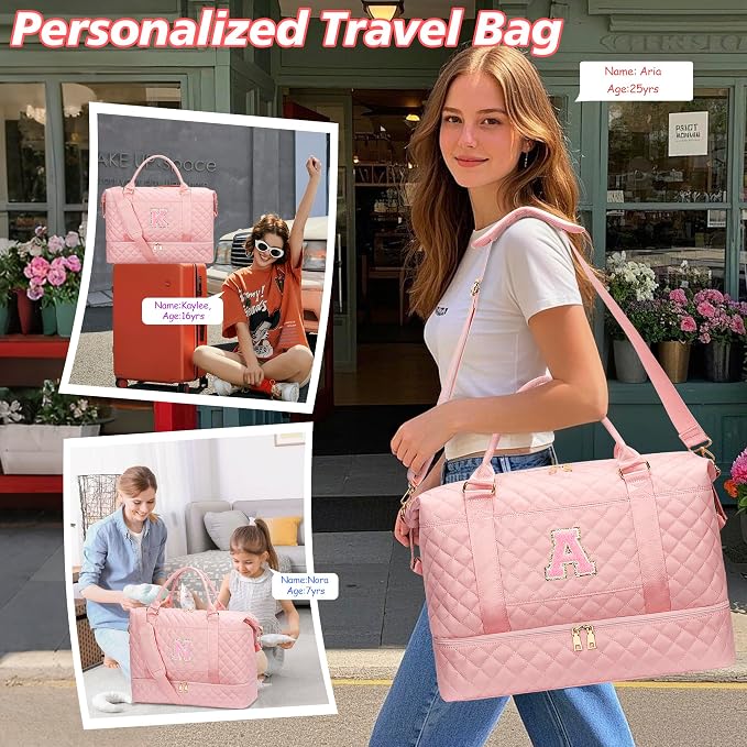 Gifts for Friend Women Girls Birthday Initial Travel Duffle Bag Quilted Weekender Bags Carry-On Overnight with Makeup Bag, Gym Bag with Shoe Compartment, Pink-O - Image 4