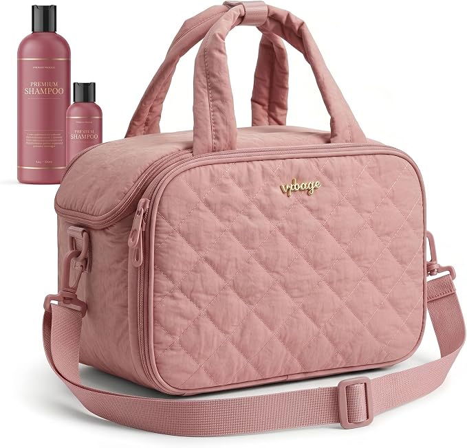 VPBAGE Large Quilted Toiletry Bag for Women, Puffy Travel Makeup Organizer with Removable Divider & Shoulder Strap, Waterproof Standing Cosmetic Case for Full-Size Toiletries, Gym, Vacation by VpbageGear