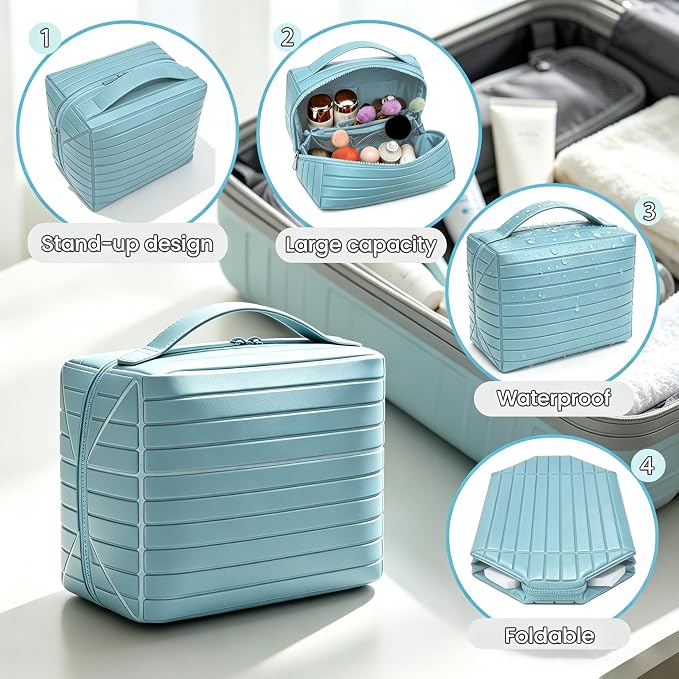 Fold Down Standing Makeup Bag – Large Travel Toiletry Organizer (Blue) | Parallel Design and Adjustable Dividers, Stands Upright or Folds Flat. Multiple Pockets Fit Full‑Size Cosmetics & Toiletries. - Image 3