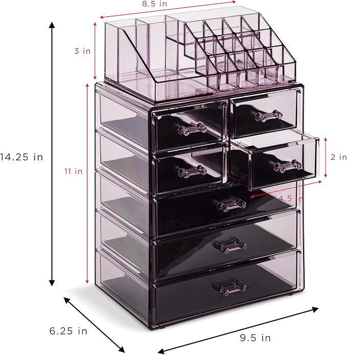 Sorbus Acrylic Makeup Organizer Set, 7-Drawer Vanity & Countertop Cosmetic Storage with Small & Wide Compartments, Purple Makeup Storage for Brushes, Jewelry – Holiday Gift for Women & Teens - Image 3