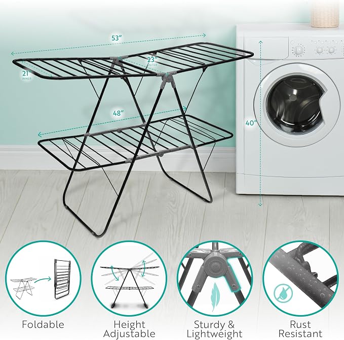 Brookstone 2 Tier Folding Rack - Indoor/Outdoor Collapsible Clothes Dryer Stand Laundry or Shoe Rack, Heavy Duty Freestanding Garment Hanger, Foldable, Clothing Drying Rack, Black - Image 3
