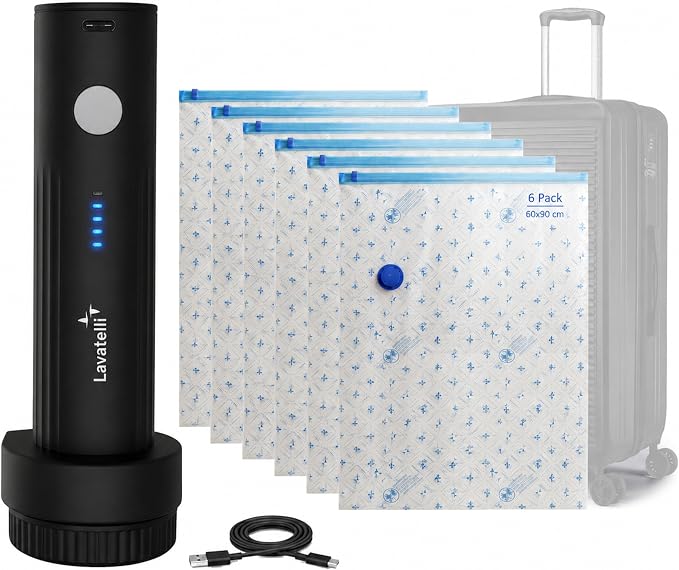 Lavatelli Space-Saving Vacuum Storage Set – USB-C Rechargeable Electric Pump + 6 Bags 60 x 90 cm (23.6 x 35.4 in) | Ideal for Blankets, Duvets, Clothes, Wardrobes, Travel by Lavatelli