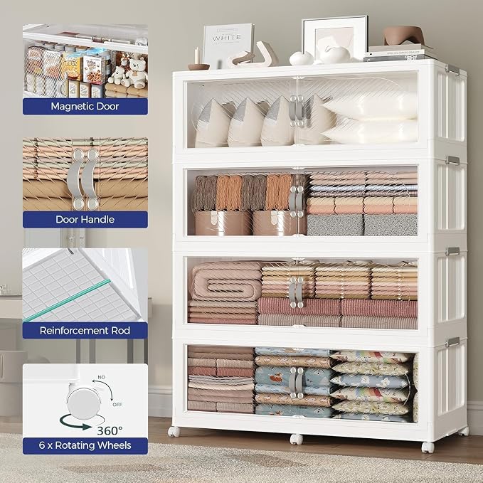 320Gal/1280QT 4-Tiers Extra Large Stackable Storage Bins with Lid, Collapsible Cabinet Closet Organizer Plastic Container Box with Wheels Doors Drawers for Office Dorm Kitchen, White - Image 6