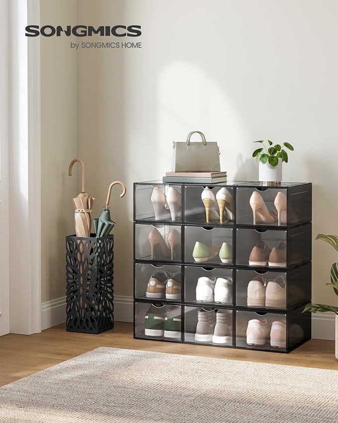 SONGMICS Shoe Boxes, Set of 6, Clear Plastic Shoe Storage, Stackable Sneaker Box, Drop Front Door, Up to US Size 11, Easy Assembly, 13 x 9.8 x 7.1 Inches, Transparent Black ULSP406B01V1 - Image 2