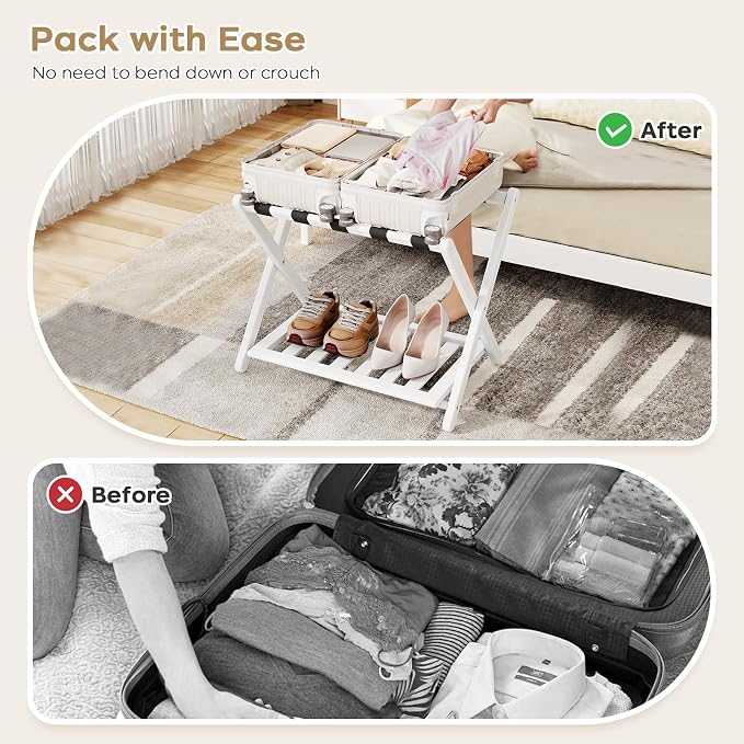 Luggage Rack for Guest Room - Set of 2 Full Assembled 26.77" L Luggage Rack Stand for Suitcases, Foldable Luggage Holder with Shoe Shelf for Bedroom, Hotel (White Bamboo Suitcase Stands) - Image 4