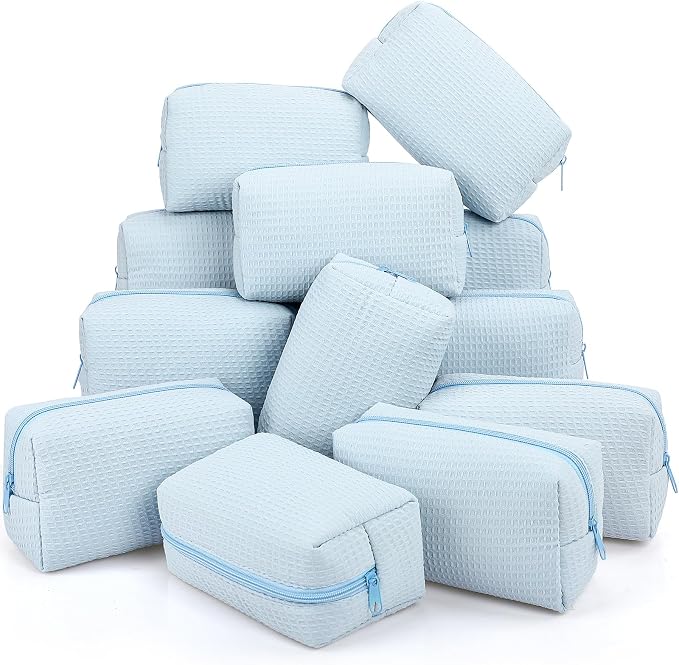 Gilprop 12 Pcs Holiday Gifts for Women Cozy Makeup Bag Portable Travel Waffle Toiletry Bag Soft Wedding Makeup Organizer Large Pouch with Zipper for Bridesmaid Friend (Light Blue) by Gilprop