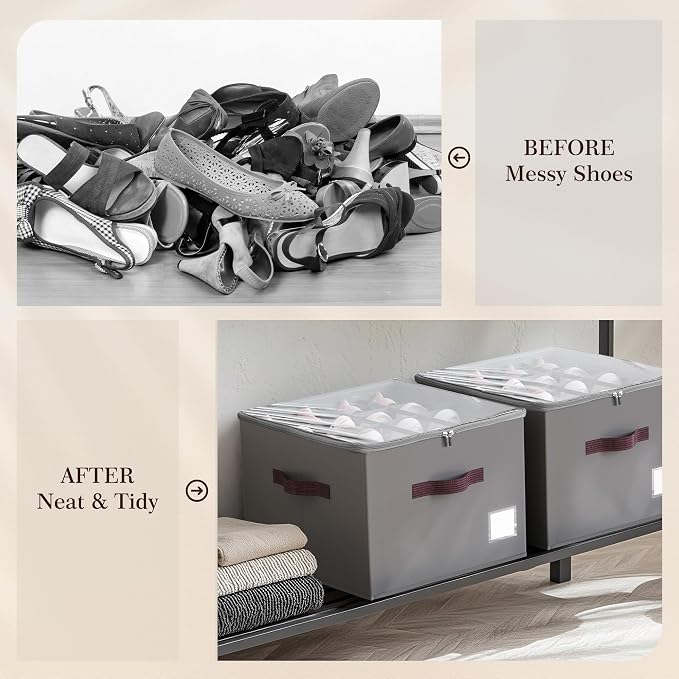 Criusia Shoe Organizer for Closet, 3 Pack Shoe Organizer with Transparent Cover and Sturdy Handles, Closet Shoe Storage for Sneakers Sandals Slippers, Fit 12-16 Pairs, Gray - Image 2