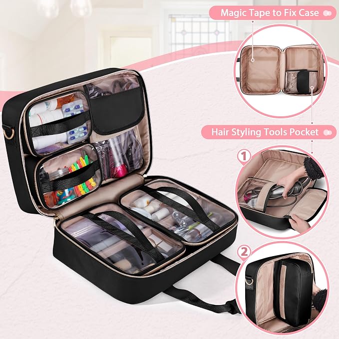 Extra Large Toiletry Bag for Women, Travel Makeup Organizer, Black | Toiletry Bag with 4 Individual Cases, Hair Tool Pocket & Makeup Brushes Compartment, Large Capacity Travel Organizer - Image 3