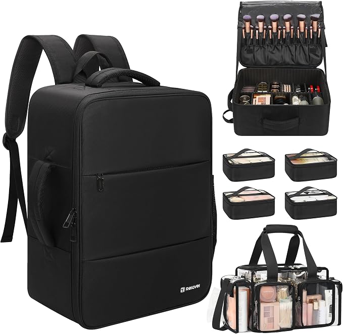 Relavel Makeup Backpack with Clear Makeup Bags, Extra Large Travel Train Case Makeup Artist Kit Set Bag with 4 Clear Bags, Storage Organizer Box with Dividers Cosmetic Hair Tools Barber Supplies by Relavel