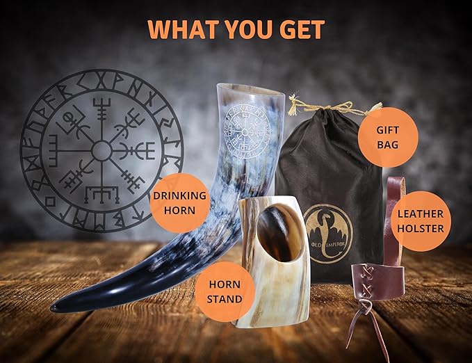 OLDEMPEROR Viking Drinking Horn - 12 Inch with Viking Compass Engraved & Leather Holster | Handmade Beer Cup | Food Grade | Unique Genuine Ox Horn| Natural Shine Finish| Viking Gift for Men & Women