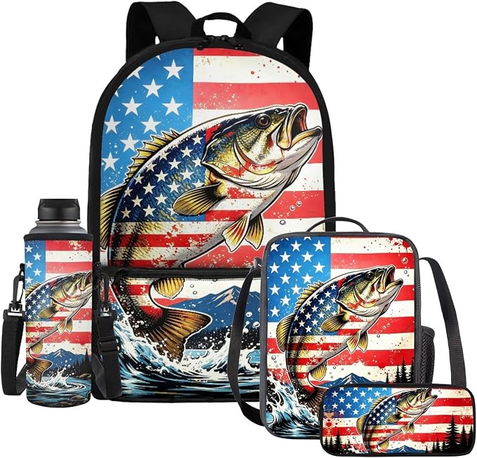 Bass Fish American Flag Boys Backpack and Lunch Bag 4 Piece Set, Padded Shoulder Strap Large Capacity Lightweight School Bag Kids Ages 6-12, 17 Inch Waterproof Organized Bookbag by Dremagia