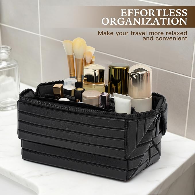 Minoisome Travel Makeup Bag,PU leather toiletry bag,make up organizer case for women,Large Capacity Cosmetic Bag,Wide-open Pouch Purse，Toiletries Accessories，Fold-Down Design and Adjustable Dividers. - Image 3