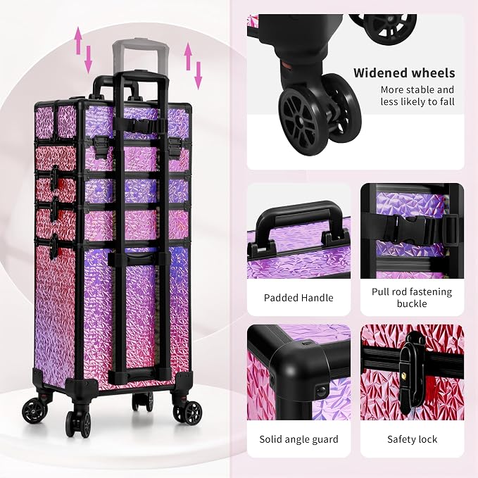 Rolling Makeup Train Case with Lid Cosmetology Case on Wheels | 5 in 1 Large Cosmetic Trolley Organizer Travel for Hairstylist Artist Nail Beauty Salon Barber Cart Trunk, Gravel Pink - Image 5