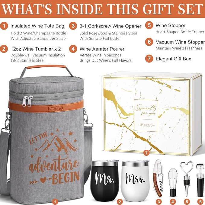 Wedding Gifts for Couples, Mr and Mrs Wine Tumblers Gifts - Engagement, Bridal Shower, Newlywed, His & Hers, Valentines Day, House Warming-Insulated Wine Cooler Tote Bag w/ Wines Accessories Gift Set - Image 2