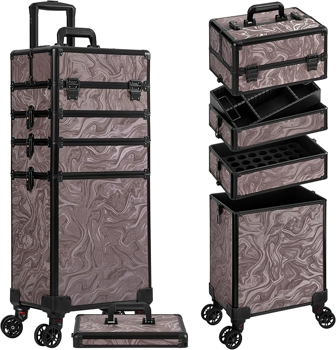Rolling Makeup Train Case with Lid Cosmetology Case on Wheels | 5 in 1 Large Cosmetic Trolley Organizer Travel for Hairstylist Artist Nail Beauty Salon Barber Cart Trunk, Brown Ink - Image 9