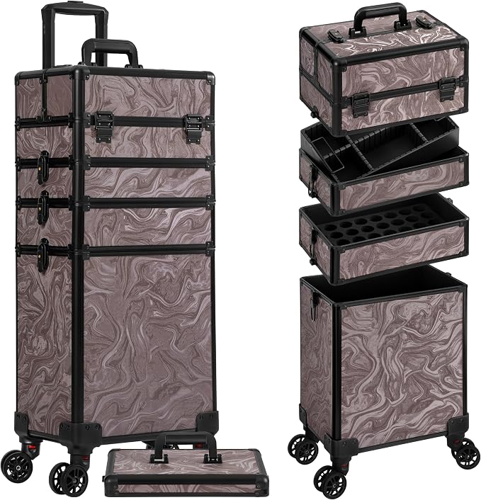Rolling Makeup Train Case with Lid Cosmetology Case on Wheels | 5 in 1 Large Cosmetic Trolley Organizer Travel for Hairstylist Artist Nail Beauty Salon Barber Cart Trunk, Brown Ink by Unknown