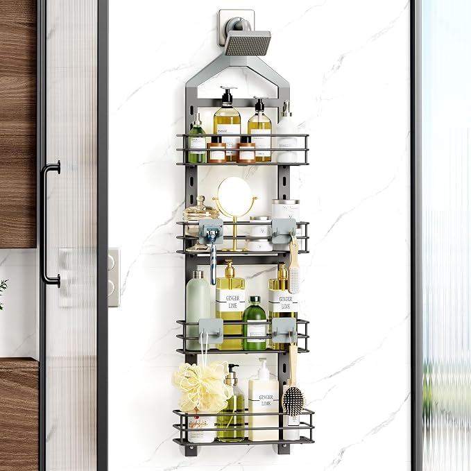 Orimade 4 Tier Adjustable Anti-slip Shower Caddy over Shower Head,Rustproof Bathroom Hanging shower Organizer with 4 Hooks for Razor,No Drilling Shower shelves Storage Rack,Grey - Image 2