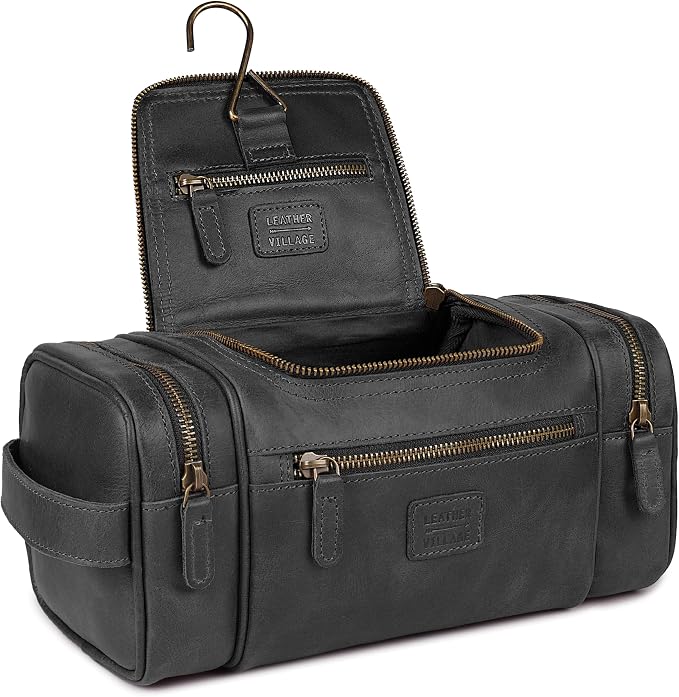 LEATHER VILLAGE Genuine Leather Travel Dopp Kit for Men & Women – Water-Resistant Large-Capacity Hanging Toiletry Bag for Travel, Grooming, Bathroom Organization, Shaving Essentials & Gym Use - Black by LeatherVillage