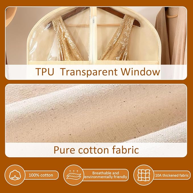 4 Pack 24 x 60 Inches Cotton Garment Bags for Hanging Clothes, Breathable Garment Bags for Long Dress, Fur Coat, Jacket, Gown, Suit, Garments Covers with Clear Window - Image 6