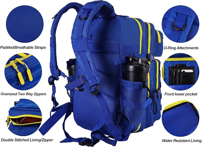 LHI Military Tactical Backpack for Men and Women 45L Army 3 Days Assault Pack Bag Large Rucksack with Molle System - Blue with yellow zipper - Image 4
