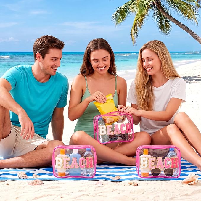 Kacctyen 12 Pack Clear Beach Makeup Bag with Chenille Letter Patch Travel Toiletry Bags Waterproof PVC Cosmetic Organizer for Women Girls Pool Beach Vacation Summer Essential Gifts, Hot Pink - Image 6