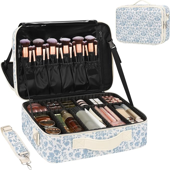 Relavel Makeup Case Large Makeup Bag Professional Train Case Travel Cosmetic Organizer Brush Holder Waterproof Makeup Artist Storage Box, 3 Layer Large Capacity, with Adjustable Strap, Floral Print by Relavel