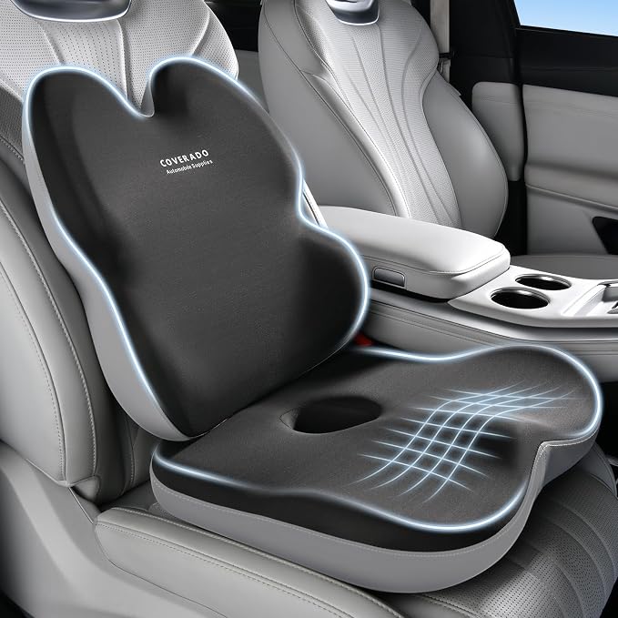 Coverado Car Seat Cushion And Lumbar Support Pillow for Office Chair,Desk Chair, Wheelchair, Gaming Chair, Car, Airplane, Washable Ergonomic Memory Foam Pillow Back Cushions & Seat Cushions Gray&Black by COVERADOAUTO