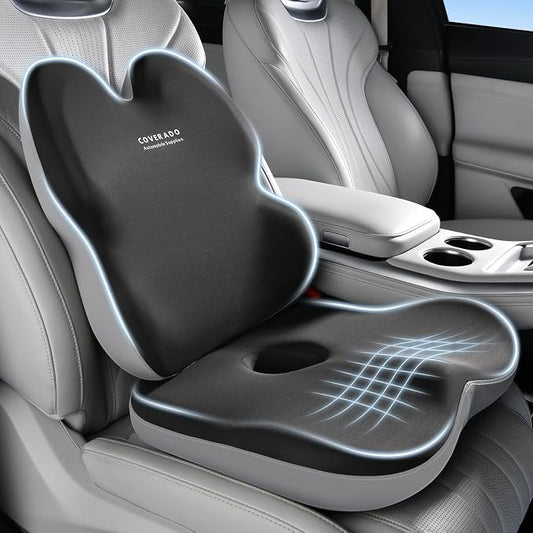 Coverado Car Seat Cushion And Lumbar Support Pillow for Office Chair,Desk Chair, Wheelchair, Gaming Chair, Car, Airplane, Washable Ergonomic Memory Foam Pillow Back Cushions & Seat Cushions Gray&Black by COVERADOAUTO