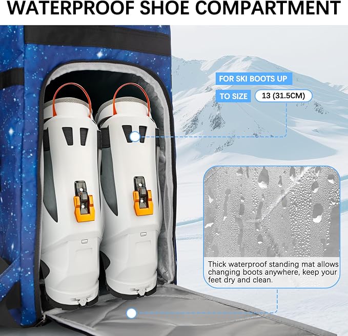 65L Waterproof Ski Boot Bag, Heavy Duty Snowboard Backpack for Helmet Goggles Gear, Air Travel Winter Sports Bag - Image 5