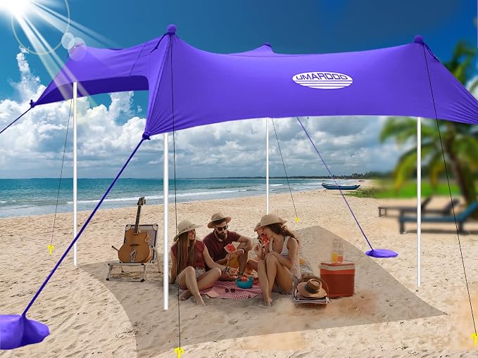 UMARDOO Family Beach Tent Canopy Sun Shade Portable 10×10FT, Large Wind Resistance Beach Sun Shelter Easy Setup with Packable Carry Bag for Outdoor Travel UPF 50+(Purple) by UMARDOO