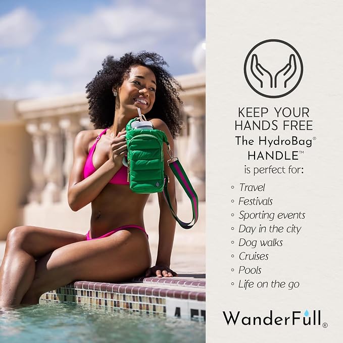 WanderFull Original HydroBag Handle® | Large Water Bottle Holder with Strap & Zipper Slot for Handle | Crossbody Tumbler Carrier Bag with Organizer Pockets | Kelly Green, Pink & Green Striped Strap - Image 3