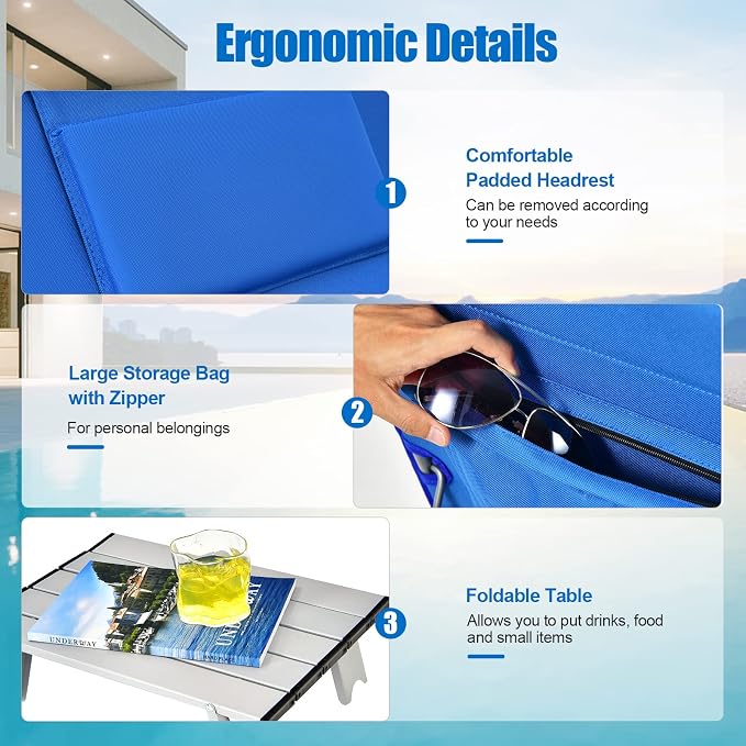 GYMAX Beach Chairs, Folding Tanning Lounge Chairs with Table Set, Adjustable Patio Floor Chair, Outdoor Sunbath Chair with Desk, Pillow & Storage Bag for Outside, Patio, Poolside (Blue) - Image 5