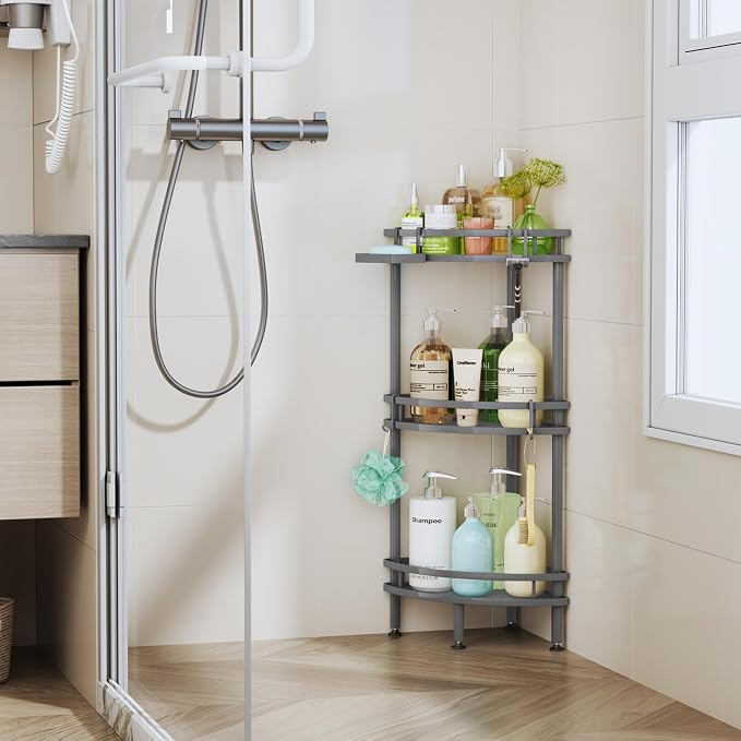 HapiRm Standing Corner Shower Caddy - 3 Tier Shower Organizer Corner with Soap Holder and 4 Hooks, Rustproof Bathroom Storage Shelves with Adhesives, Grey - Image 7