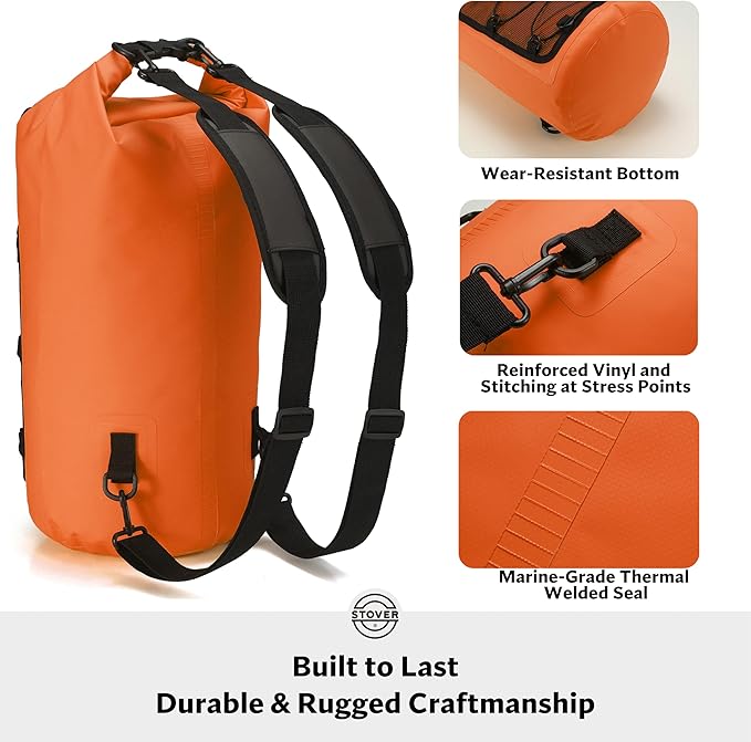 STOVER 5/10/25/30/40L Waterproof Dry Backpack & Phone Case- Large Floating Dry Bag for Kayaking, Travel, Hiking, Fishing, Camping, Motorcycles & Beach, Heavy-Duty Roll Top Men/Women (Orange) - Image 4