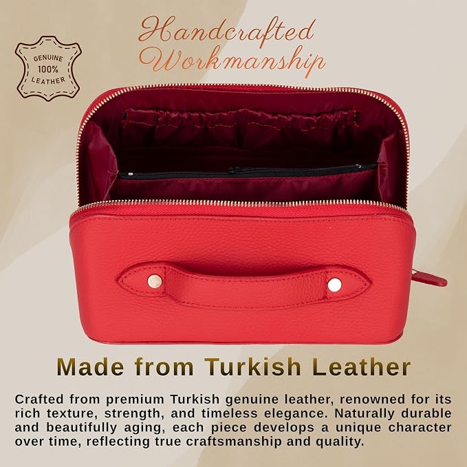 VENOULT Makeup Bag, Spacious Cosmetic Case for Women, Portable 180° Wide-Open Flat Cosmetic Bag, Travel Toiletry Organizer with Handle, Hanmdade, Full Grain Genuine Turkish Leather (Carmine) - Image 4