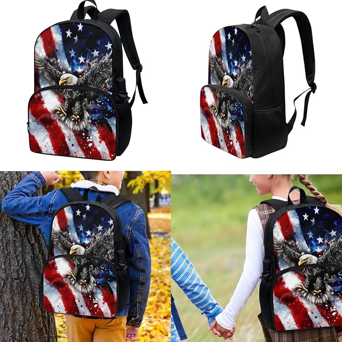 American Flag Eagle Star Backpack Bookbag with Front Pocket Kids Preschool Elementary Bookbag with Lunch Box Pencil Case Set of 3Pcs Daypack Sackpack Blue - Image 2