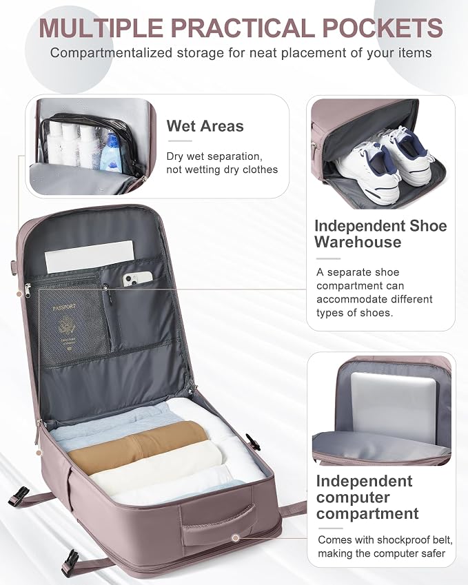 coowoz Large Travel Backpack Carry On for Women Man Waterproof Gym Backpacks with Laptop Compartment Mochila de Viaje Teacher Personal Item Backpack Rucksack Airplane Accessories Must Haves Lotus Pink - Image 4