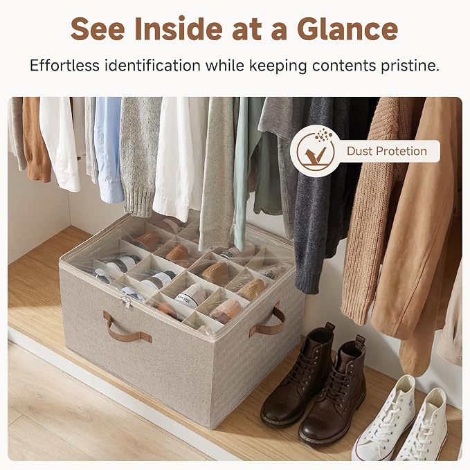 StorageWorks Shoe Organizer for Closet, Shoe Cubby Storage Containers with Adjustable Dividers and Clear Cover, Foldable Shoe Storage Box for Sandals, Sneakers, Fits up to 16 Pairs, Taupe | Fits up to 16 Pairs - Image 5