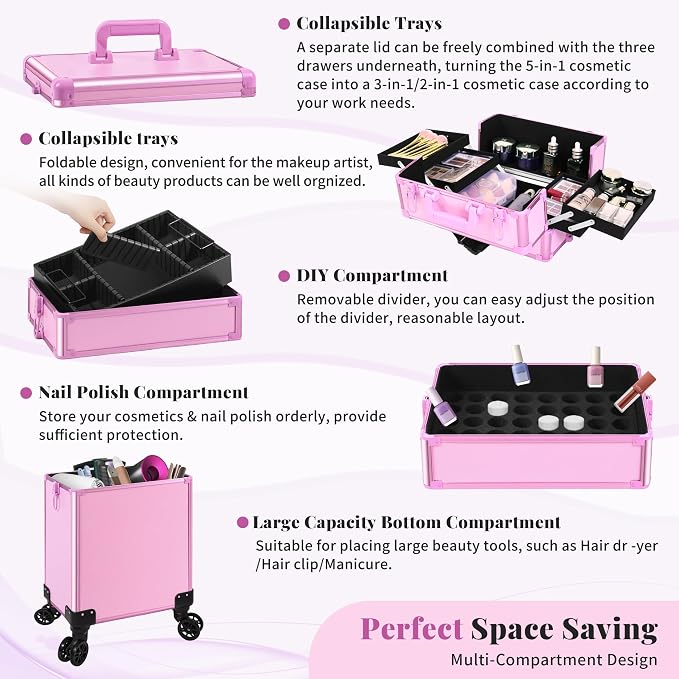 Rolling Makeup Train Case with Lid Cosmetology Case on Wheels | 5 in 1 Large Cosmetic Trolley Organizer Travel for Hairstylist Artist Nail Beauty Salon Barber Cart Trunk, Pink - Image 6