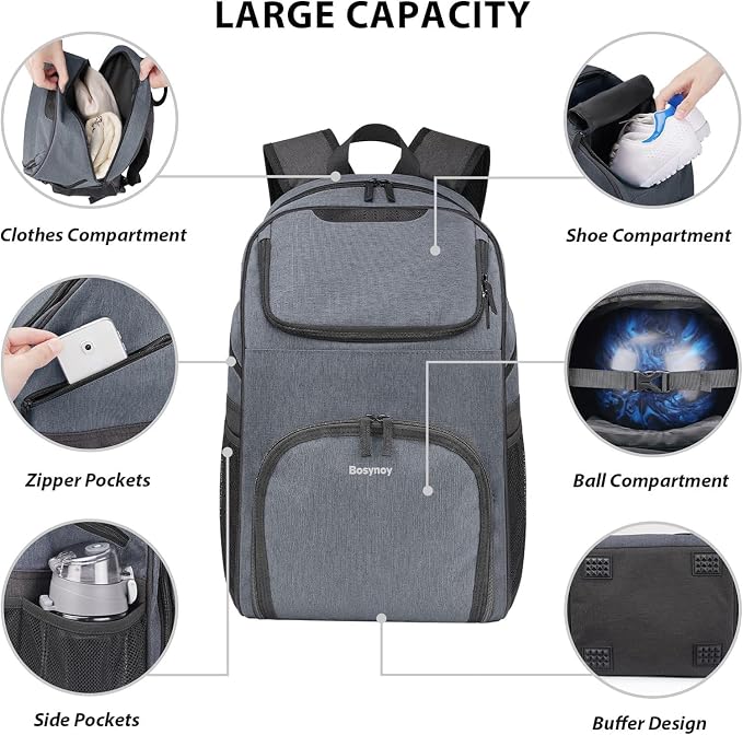 Bosynoy Bowling Backpack, Single Bowling Ball Bag with Shoe Compartment | Bowling Bag Totes with Foam Padded Protection, Fits Shoes Up to US Mens Size 16 and Accessories, Grey - Image 2