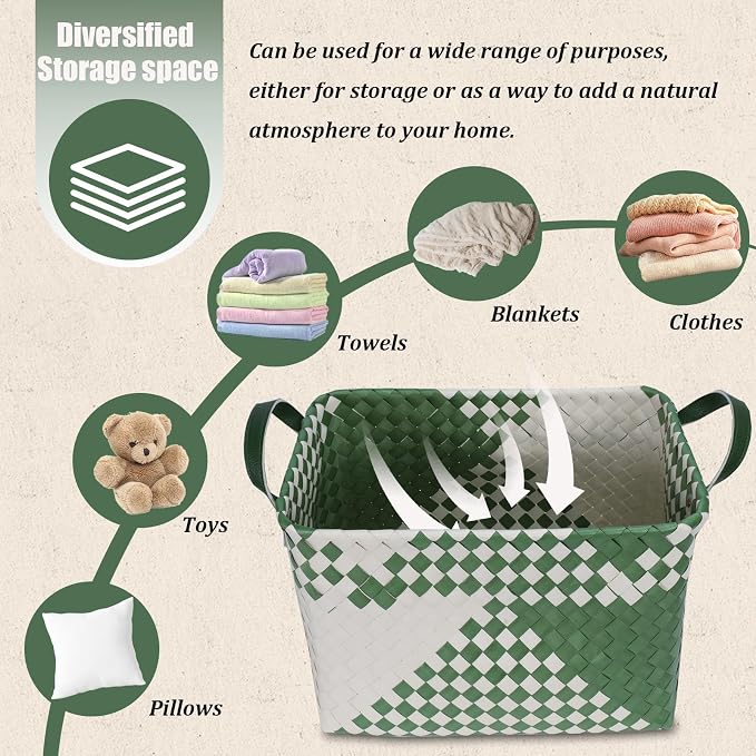 BROWNLILY Handwoven Clothes Basket Laundry Hampers Large Wicker Storage Baskets for Shelves Blankets Closet Storage Bins Car Bedroom Bathroom Organizers and Storage Bath (Pack of 4, Green&White) - Image 4