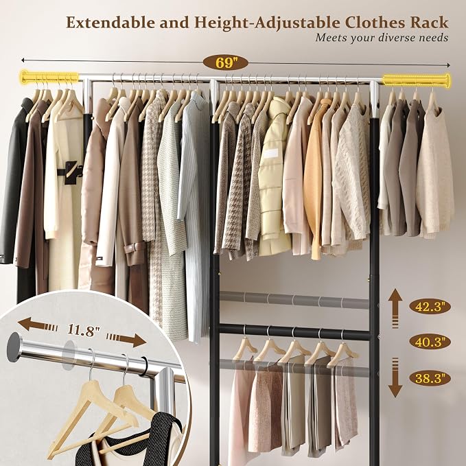 Raybee 72" H Rolling Clothes Rack, 450 LBS Clothing Rack with Sturdy Wheels, Double Rod Metal Garment Rack for Bedroom, Laundry Room, Halway, Commercial, Black - Image 3