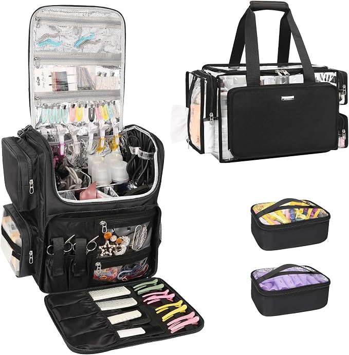 Relavel Hair Tools Travel Bag with Clear Makeup Bag, Hair Stylist BarberBag on Wheels Hairdresser Cosmetology Bag Case with Four 360 Degree Spinner Wheels, Heat Insulation Full Layer for Curling Iron by Relavel