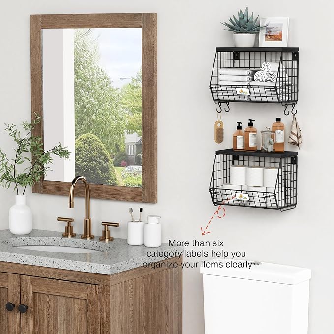 Goozii Black Kitchen Wall Hanging Storage Basket Set of 2, Rustic Stackable Kitchen Counter Fruit Organizer, Wire Baskets Container for Veggie, Garlic, Produce, Onion and Potato (Black Shelf) - Image 4