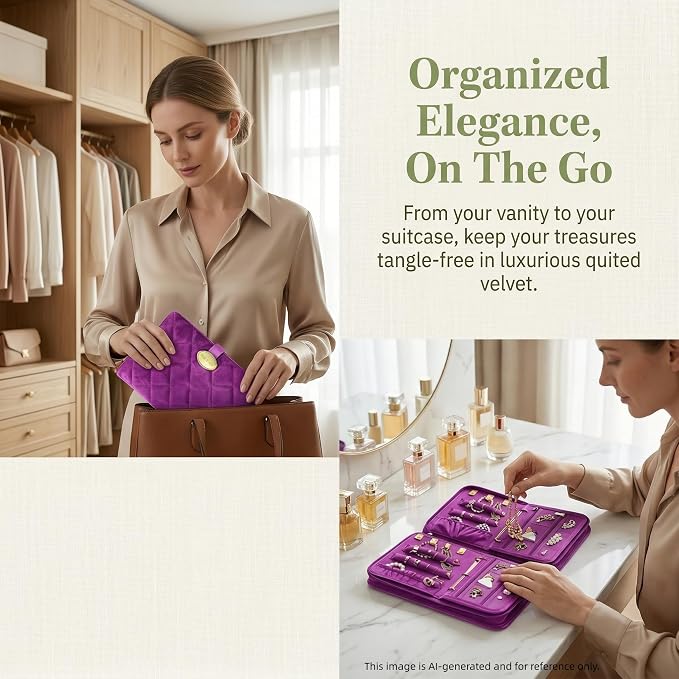 Velvet Jewelry Organizer Case Mini Travel Jewelry Bag with 3 Detachable Pages Multiple Compartments for Necklaces, Rings, Earrings, Tangle-Free, Giftable (Purple) - Image 3