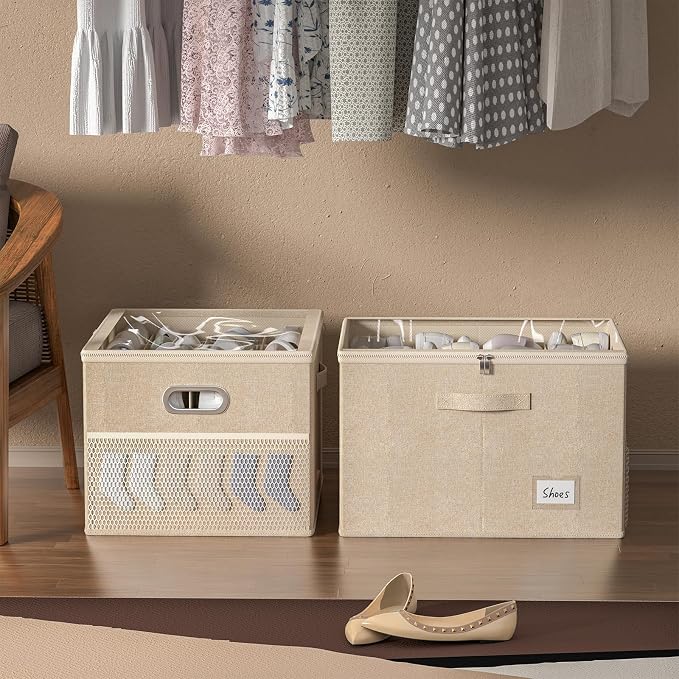 2 Pack Shoe Organizer for Closet Large Shoe Box Storage Containers with Clear Window Space Saving Shoe Bin with Foldable Bottom Support Adjustable Dividers Fits 32 Pairs (Beige, (19.7x15.7x13inch)x2) - Image 8