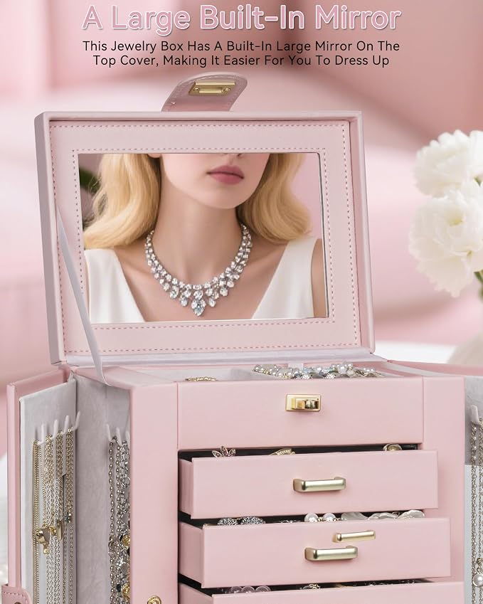 AKOZLIN 6-Tier Jewelry Box Organizer Functional 5 Drawers Leather Jewelry Storage Case for Women Girls Ring Necklace Earring Bracelet Holder Organizer with Mirror Pink 360° Rotating - Image 6